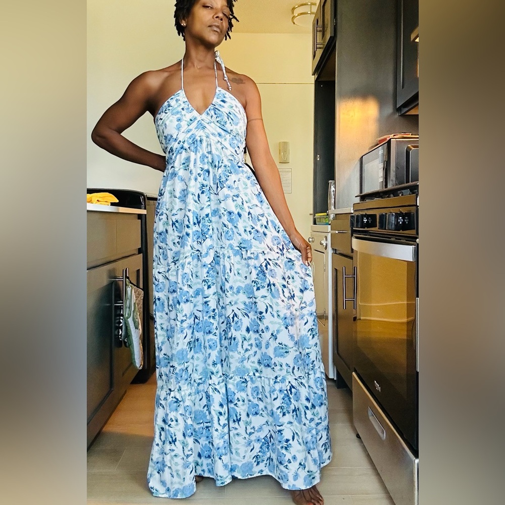 Floor Length Blue Floral Halter Maxi Dress - Picture 2 of 6